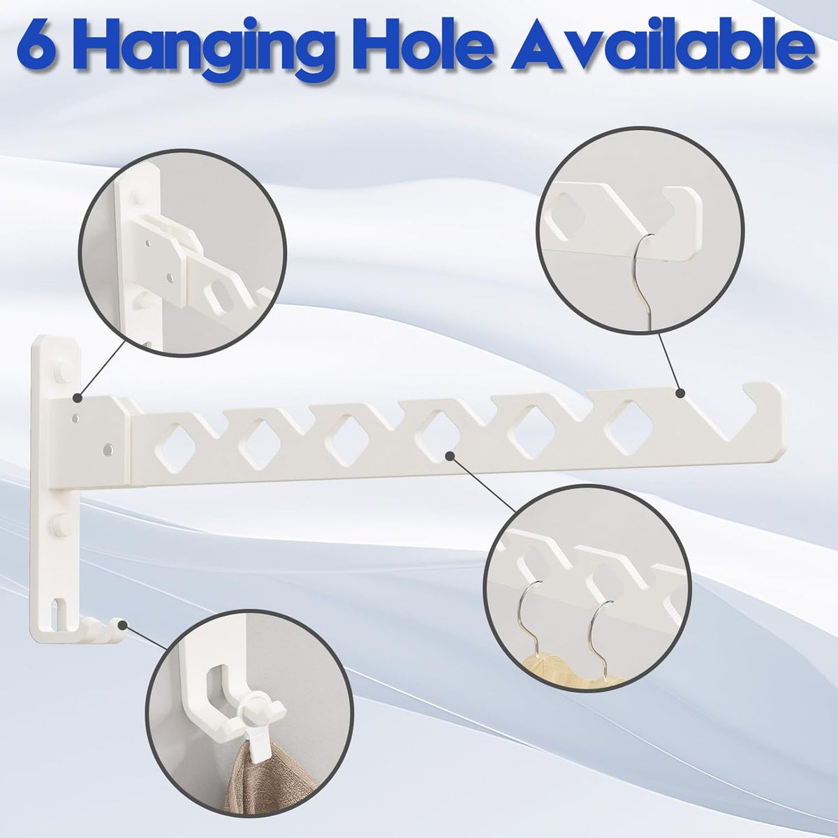 Close-ups of the rack's 6 hanger holes and fold-out arm