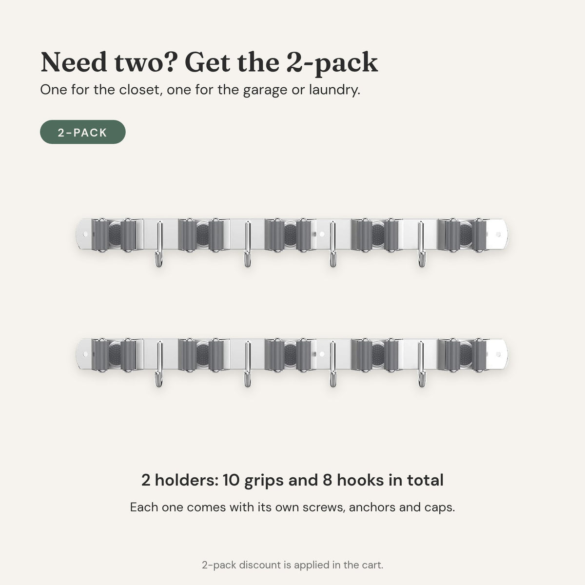 Broom holder 2-pack: two steel rails, 10 grips and 8 hooks in total.
