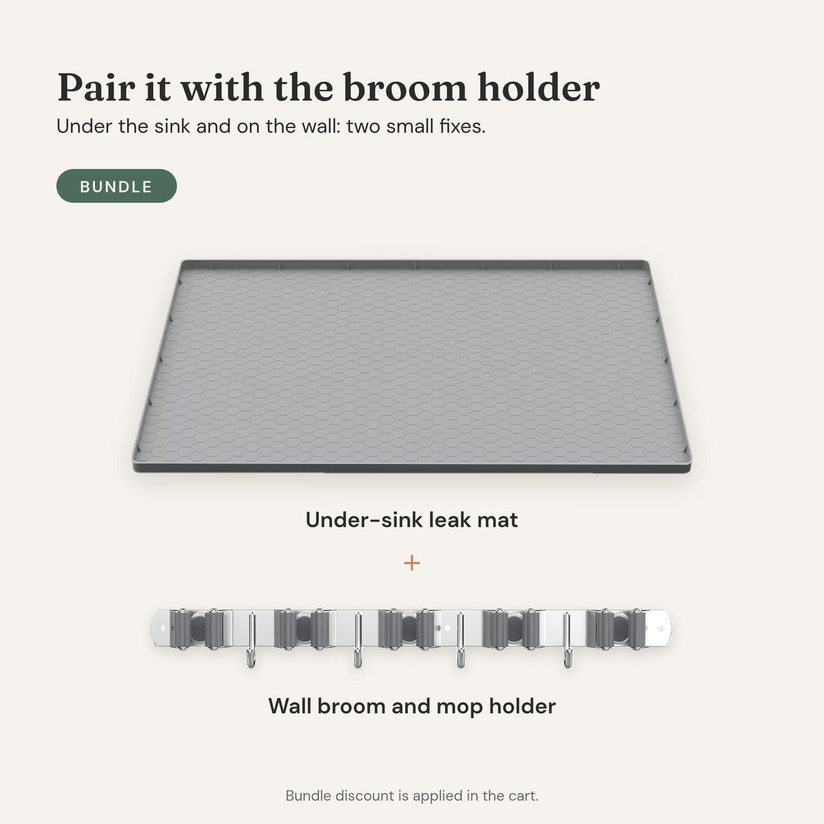 Bundle: under-sink leak mat plus wall broom and mop holder, discount applied in cart.