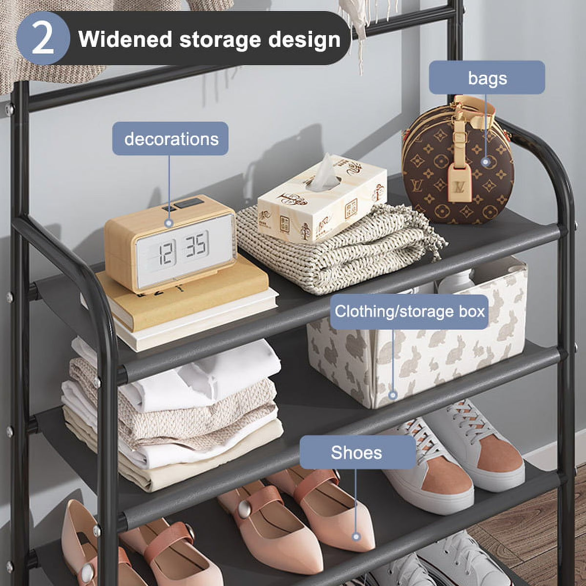 Coat Rack, Coat Rack Stand with 8 Removable Hooks and 5 Storage Shelves, Modern Industrial Style Coat Tree for Entryway Hallway 31*10*67 Inch Hall Tree Shoe Rack