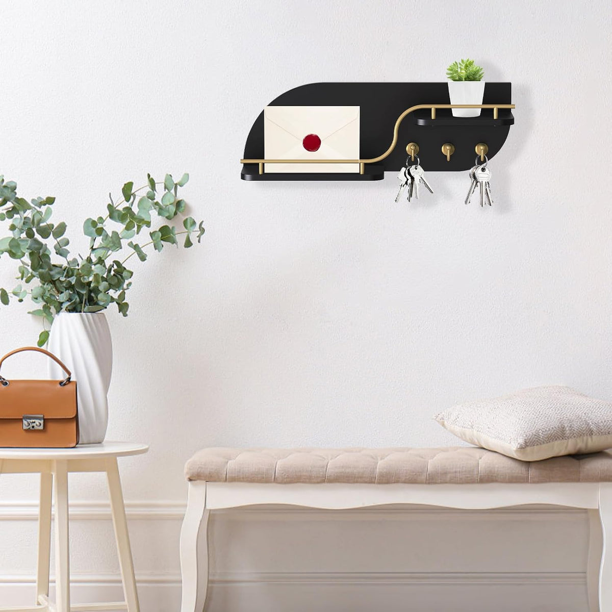 Key Holder for Wall, Decorative Key and Mail Organizer with 3 Metal Hooks and 2 Shelves, Wood Wall Mounted Key Rack for Entryway, Black
