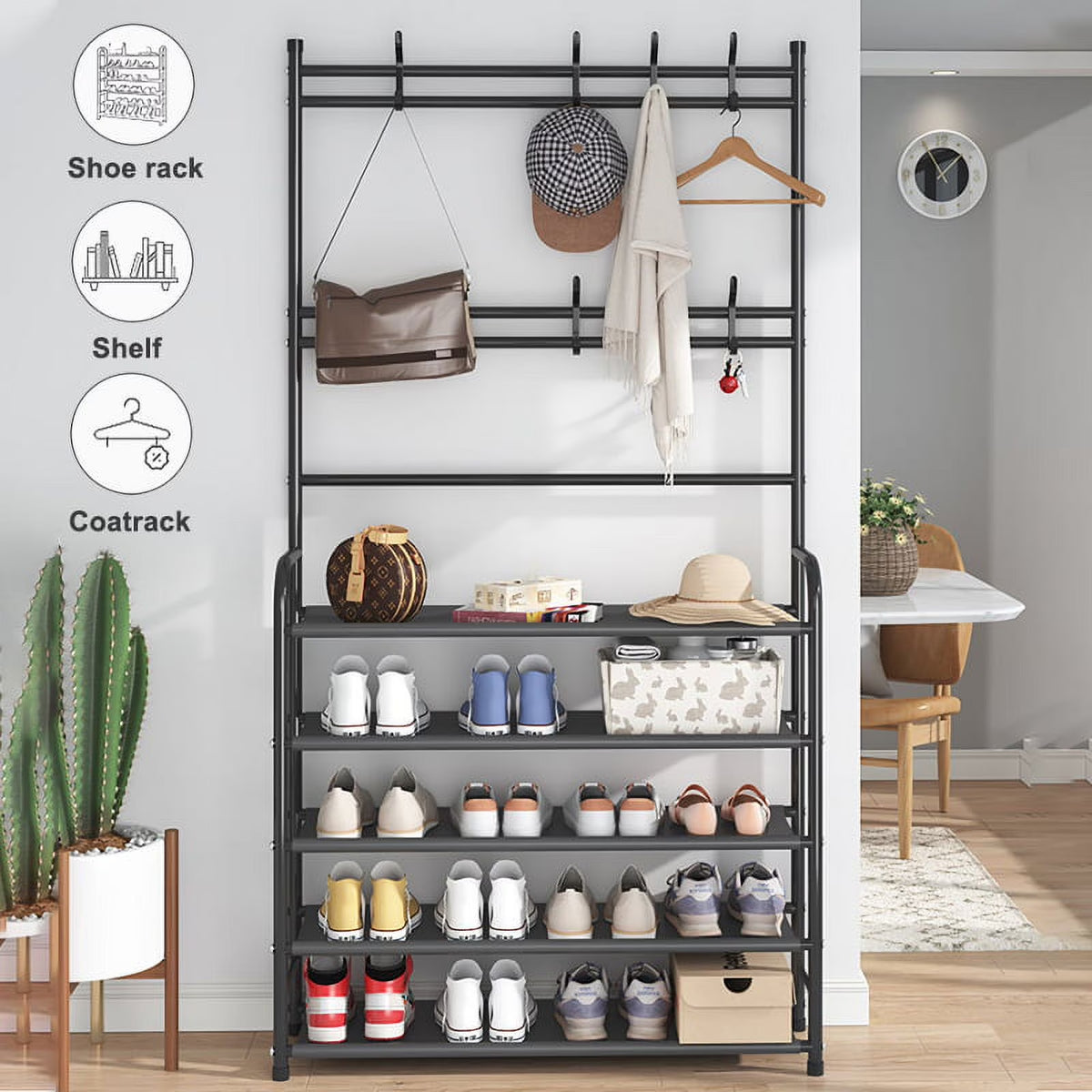Coat Rack, Coat Rack Stand with 8 Removable Hooks and 5 Storage Shelves, Modern Industrial Style Coat Tree for Entryway Hallway 31*10*67 Inch Hall Tree Shoe Rack