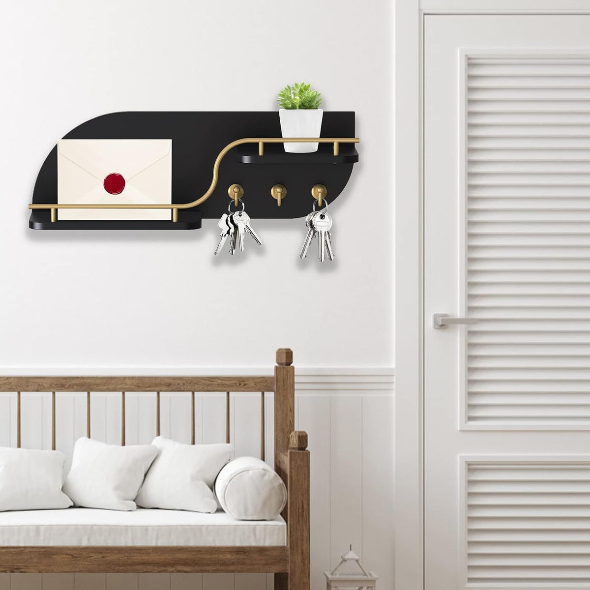 Key Holder for Wall, Decorative Key and Mail Organizer with 3 Metal Hooks and 2 Shelves, Wood Wall Mounted Key Rack for Entryway, Black