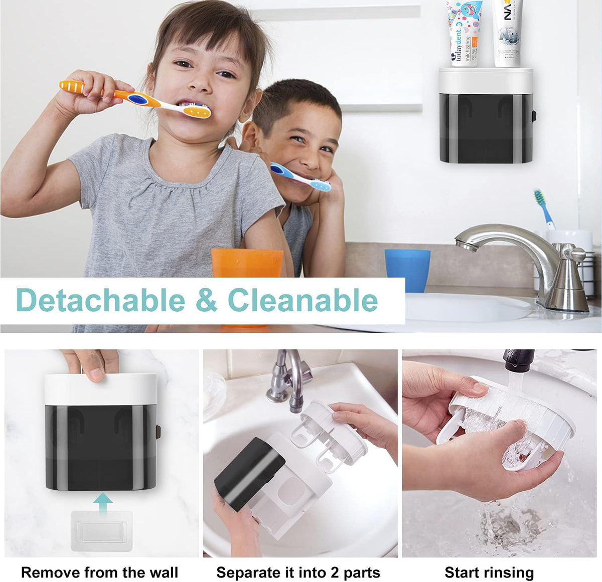 Toothbrush Holder Toothpaste Dispenser Wall Mounted with Cover, 4 Slots Tooth Brush Storage Organizer with Automatic Kids Toothpaste Squeezers for Shower Bathroom Black