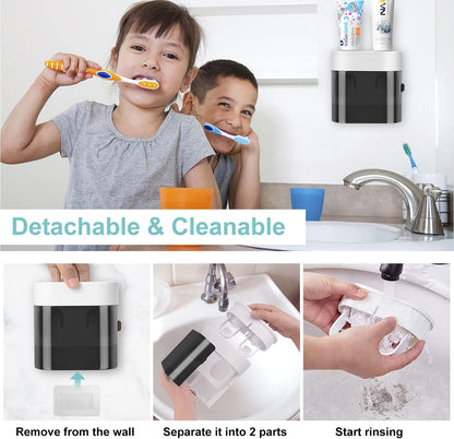 Toothbrush Holder Toothpaste Dispenser Wall Mounted with Cover, 4 Slots Tooth Brush Storage Organizer with Automatic Kids Toothpaste Squeezers for Shower Bathroom Black