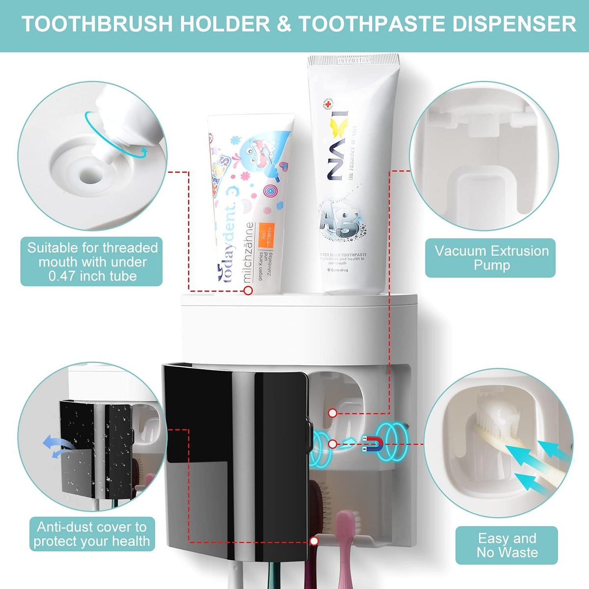 Toothbrush Holder Toothpaste Dispenser Wall Mounted with Cover, 4 Slots Tooth Brush Storage Organizer with Automatic Kids Toothpaste Squeezers for Shower Bathroom Black