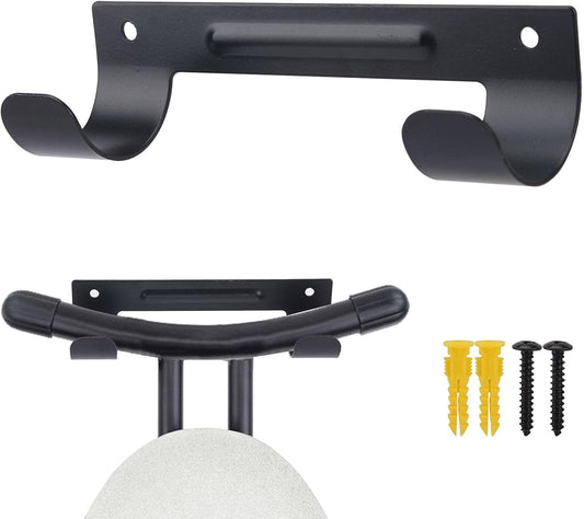 Black metal ironing board holder with two hooks, plus included screws and anchors