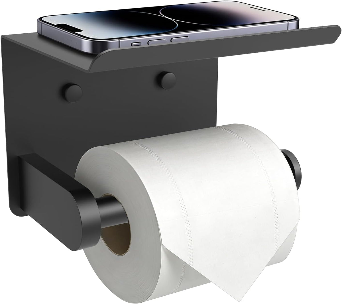 Matte black toilet paper holder with a top shelf holding a phone, with a roll on the bar