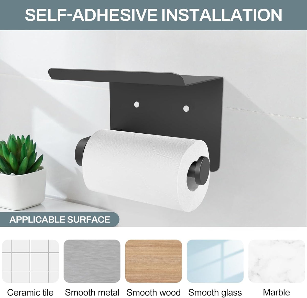 Holder stuck to a white tile wall with the adhesive, holding a roll
