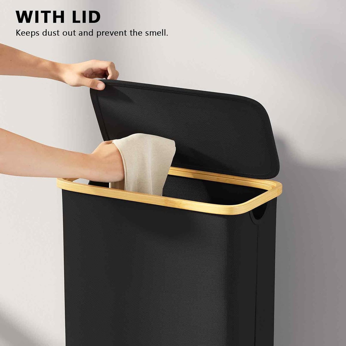 Slim Laundry Hamper with Lid, 65L Narrow Clothes Basket Bin with Bamboo Handles, Skinny Tall Collapsible Hamper for Bedroom, Bathroom, Dorm, Laundry Room - Black