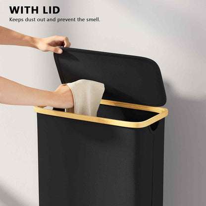 Slim Laundry Hamper with Lid, 65L Narrow Clothes Basket Bin with Bamboo Handles, Skinny Tall Collapsible Hamper for Bedroom, Bathroom, Dorm, Laundry Room - Black