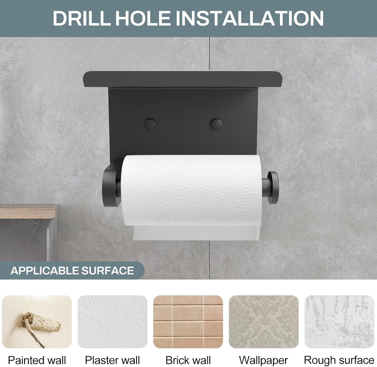 Holder screwed to a gray wall, with a chart of suitable wall surfaces