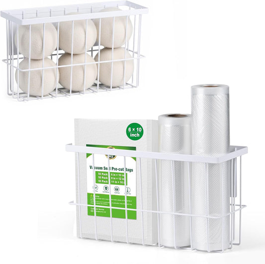 Two white wire magnetic baskets, one with wool dryer balls and one with storage bags
