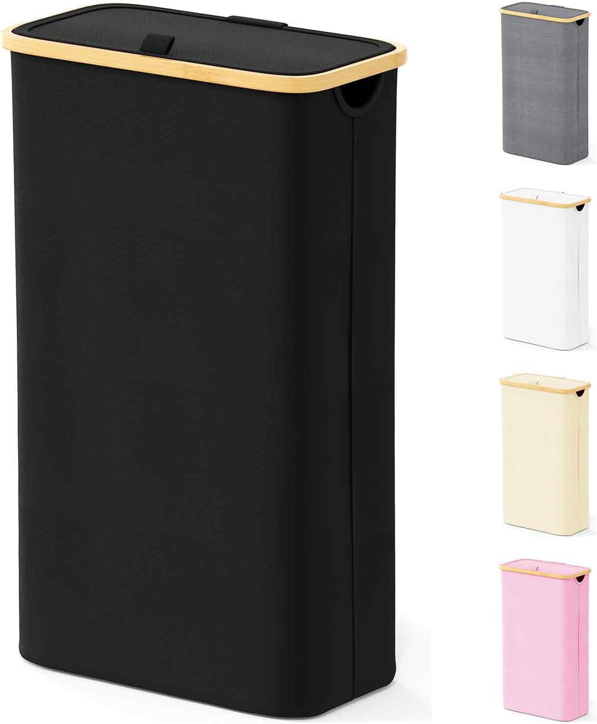 Slim Laundry Hamper with Lid, 65L Narrow Clothes Basket Bin with Bamboo Handles, Skinny Tall Collapsible Hamper for Bedroom, Bathroom, Dorm, Laundry Room - Black