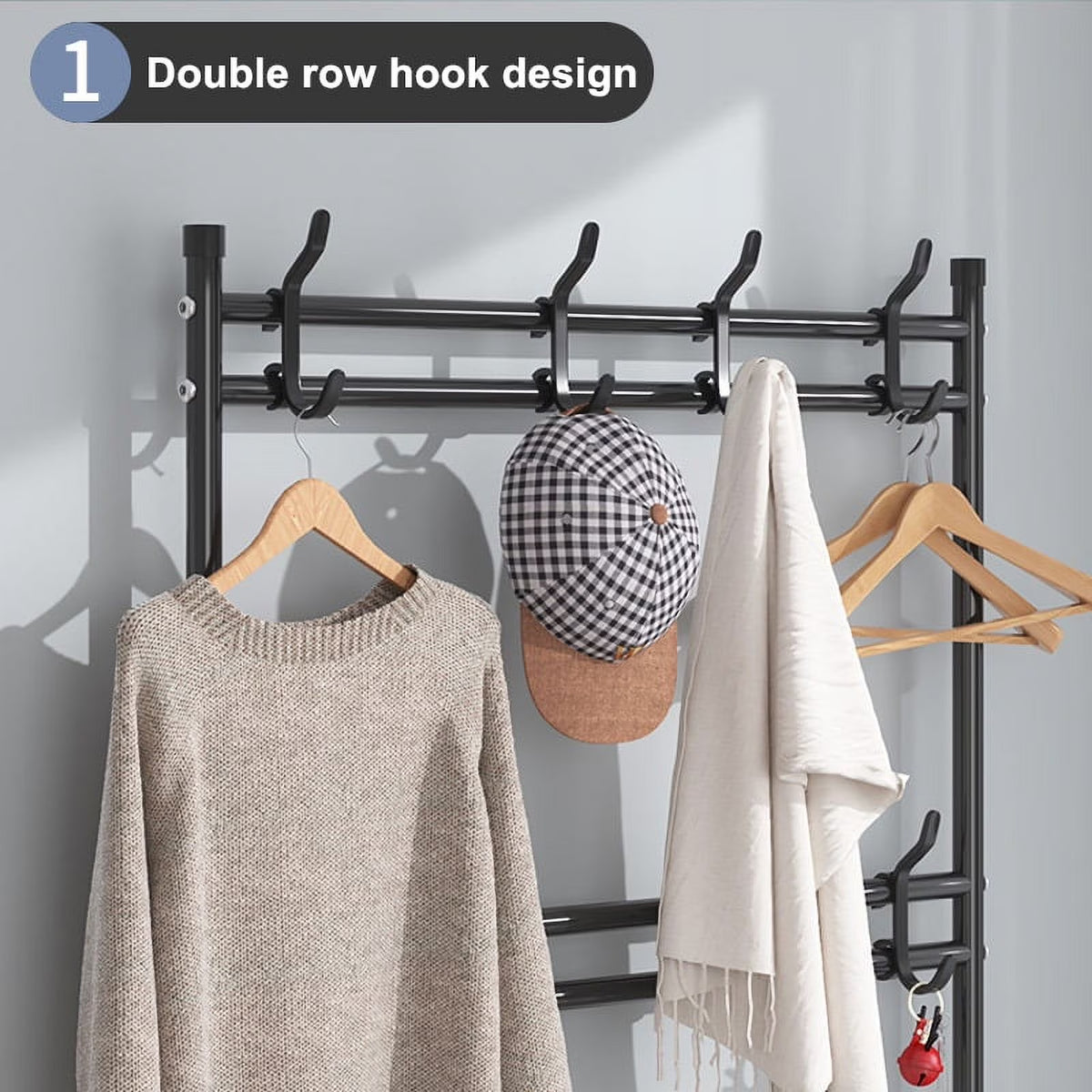 Coat Rack, Coat Rack Stand with 8 Removable Hooks and 5 Storage Shelves, Modern Industrial Style Coat Tree for Entryway Hallway 31*10*67 Inch Hall Tree Shoe Rack