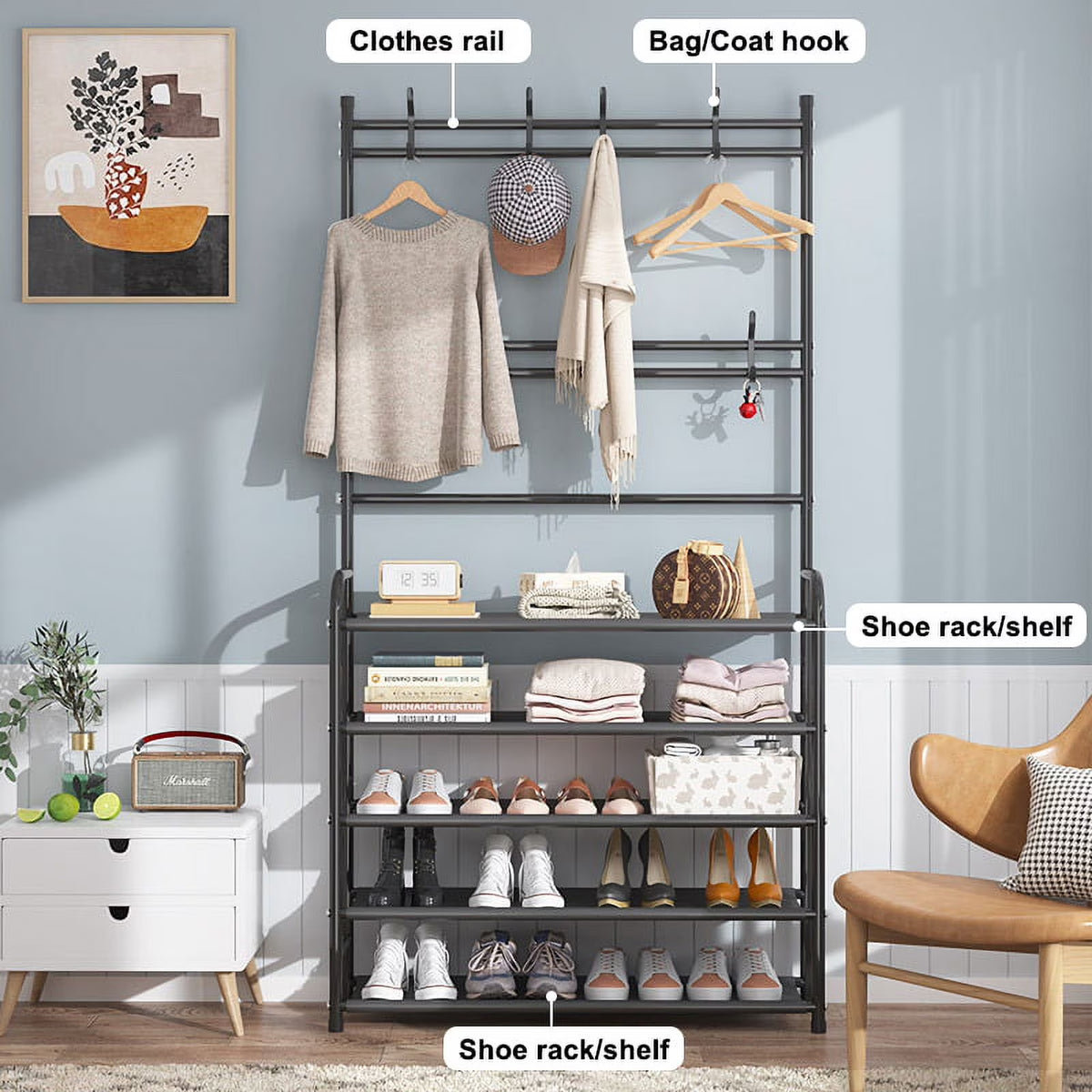 Coat Rack, Coat Rack Stand with 8 Removable Hooks and 5 Storage Shelves, Modern Industrial Style Coat Tree for Entryway Hallway 31*10*67 Inch Hall Tree Shoe Rack