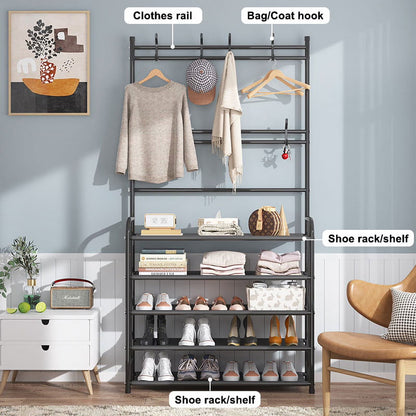 Coat Rack, Coat Rack Stand with 8 Removable Hooks and 5 Storage Shelves, Modern Industrial Style Coat Tree for Entryway Hallway 31*10*67 Inch Hall Tree Shoe Rack