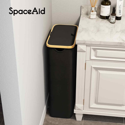 Slim Laundry Hamper with Lid, 65L Narrow Clothes Basket Bin with Bamboo Handles, Skinny Tall Collapsible Hamper for Bedroom, Bathroom, Dorm, Laundry Room - Black