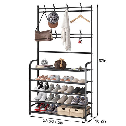 Coat Rack, Coat Rack Stand with 8 Removable Hooks and 5 Storage Shelves, Modern Industrial Style Coat Tree for Entryway Hallway 31*10*67 Inch Hall Tree Shoe Rack