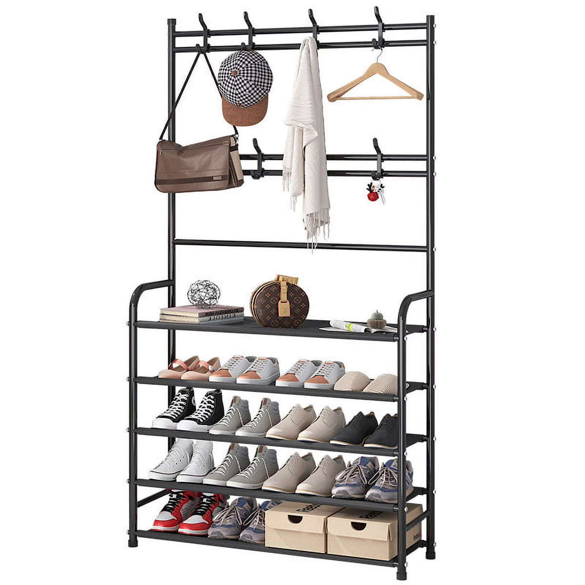 Coat Rack, Coat Rack Stand with 8 Removable Hooks and 5 Storage Shelves, Modern Industrial Style Coat Tree for Entryway Hallway 31*10*67 Inch Hall Tree Shoe Rack