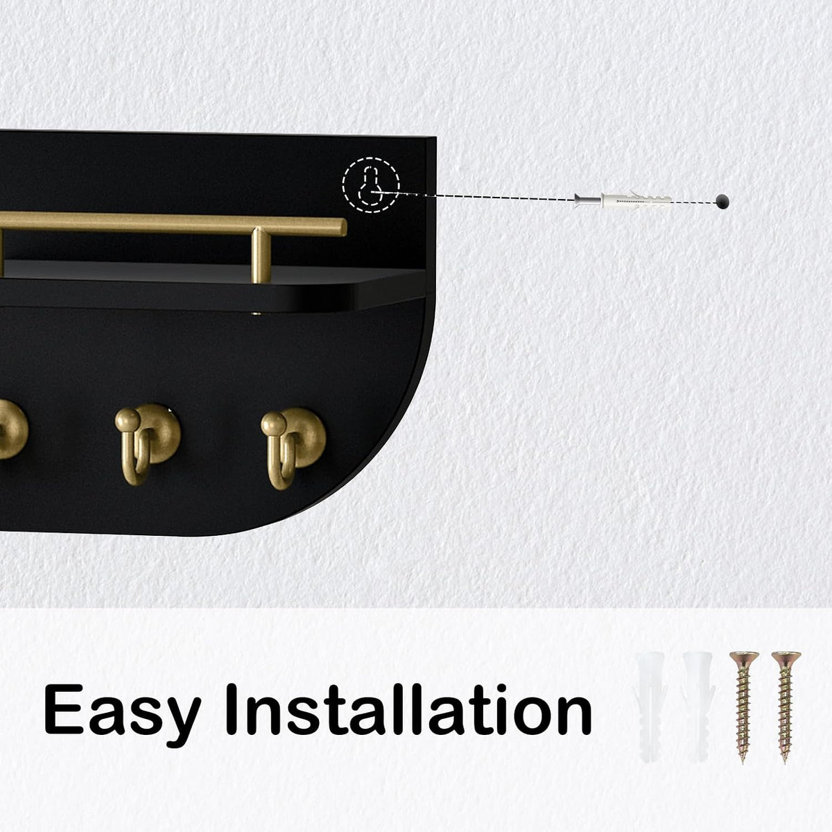 Key Holder for Wall, Decorative Key and Mail Organizer with 3 Metal Hooks and 2 Shelves, Wood Wall Mounted Key Rack for Entryway, Black