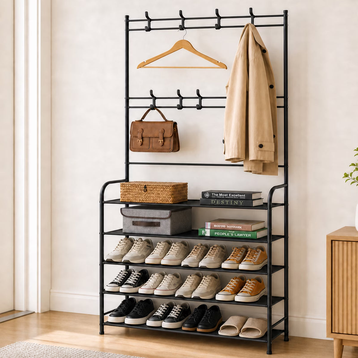 Coat Rack, Coat Rack Stand with 8 Removable Hooks and 5 Storage Shelves, Modern Industrial Style Coat Tree for Entryway Hallway 31*10*67 Inch Hall Tree Shoe Rack