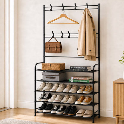 Coat Rack, Coat Rack Stand with 8 Removable Hooks and 5 Storage Shelves, Modern Industrial Style Coat Tree for Entryway Hallway 31*10*67 Inch Hall Tree Shoe Rack