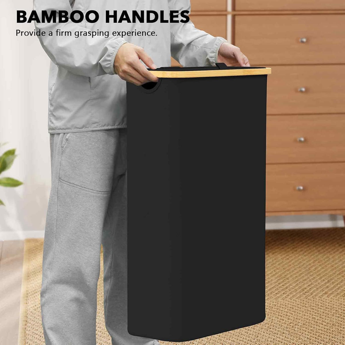 Slim Laundry Hamper with Lid, 65L Narrow Clothes Basket Bin with Bamboo Handles, Skinny Tall Collapsible Hamper for Bedroom, Bathroom, Dorm, Laundry Room - Black
