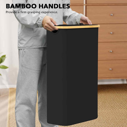 Slim Laundry Hamper with Lid, 65L Narrow Clothes Basket Bin with Bamboo Handles, Skinny Tall Collapsible Hamper for Bedroom, Bathroom, Dorm, Laundry Room - Black