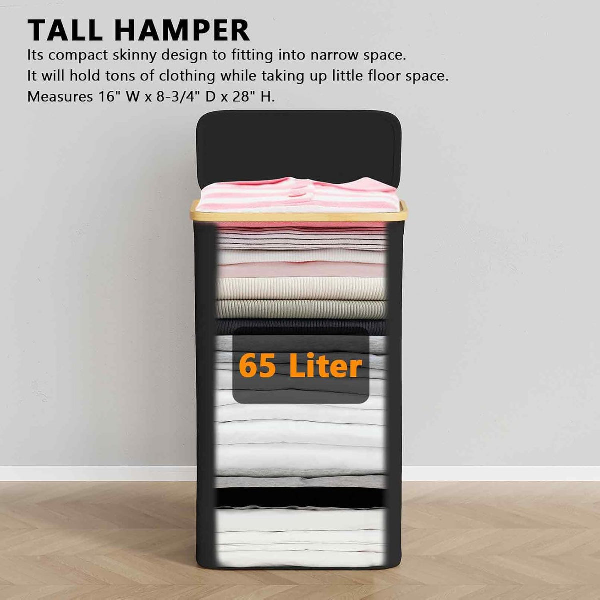 Slim Laundry Hamper with Lid, 65L Narrow Clothes Basket Bin with Bamboo Handles, Skinny Tall Collapsible Hamper for Bedroom, Bathroom, Dorm, Laundry Room - Black