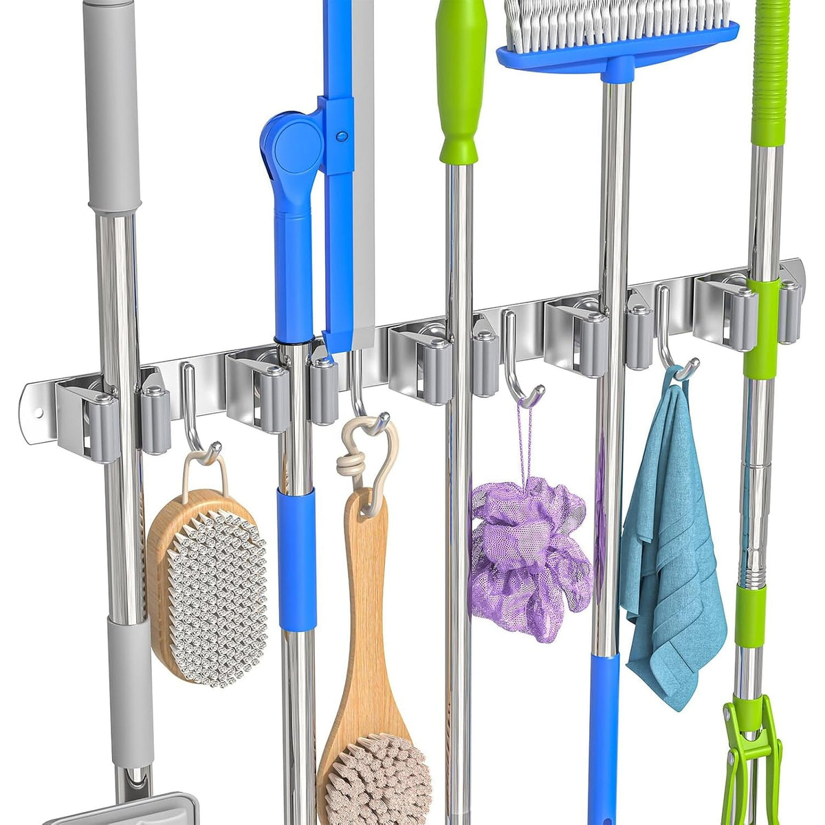 Wall broom and mop holder: rail holding five mops and brooms, with brushes and a towel on the hooks.
