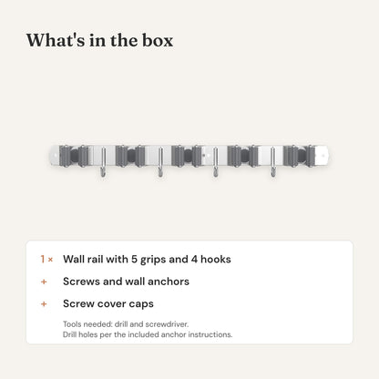What's in the box: one broom holder rail with 5 grips and 4 hooks, screws, wall anchors and cover caps.
