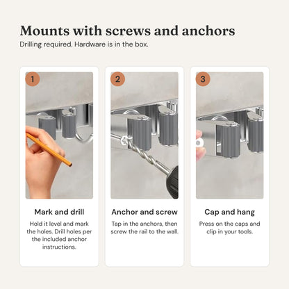 How it installs: drill holes per the included anchor instructions, tap in anchors, screw on the rail, add caps, hang tools.