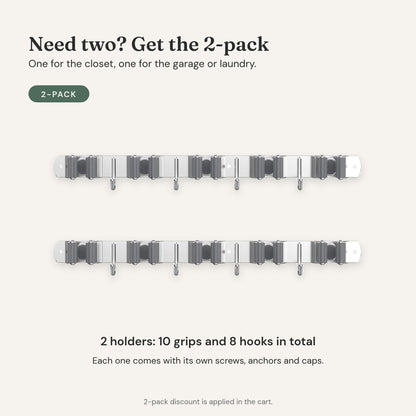 Broom holder 2-pack: two steel rails, 10 grips and 8 hooks in total.