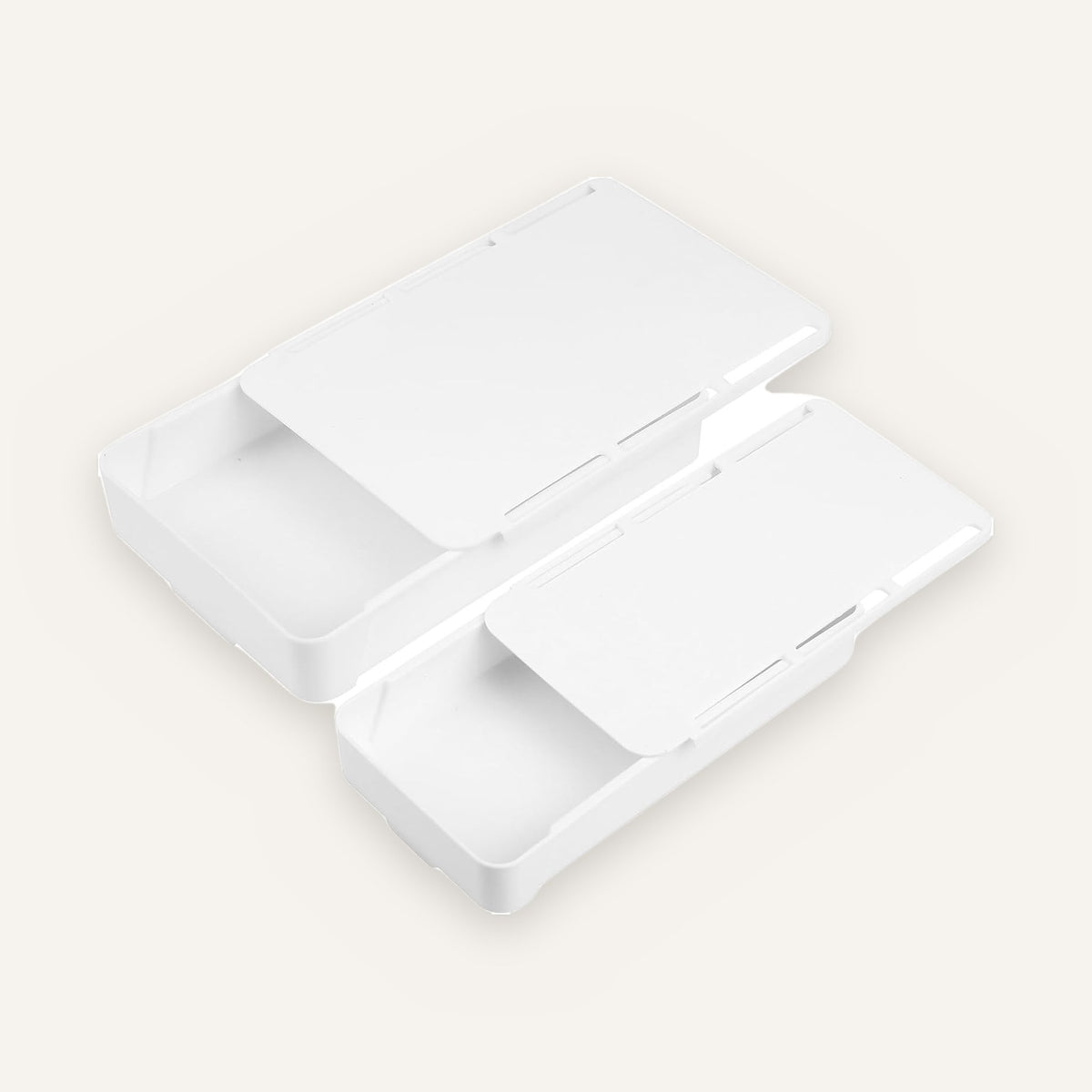 Under-desk drawer 2-pack: one large and one small white pull-out drawer, lids partly open.