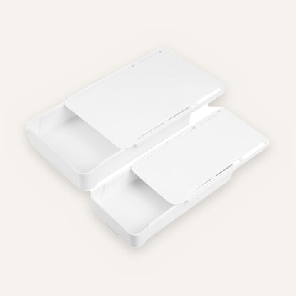 Under-desk drawer 2-pack: one large and one small white pull-out drawer, lids partly open.