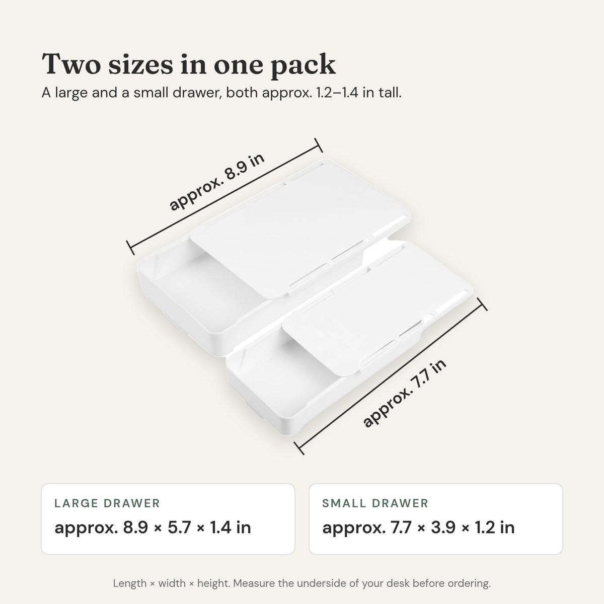 Dimensions: large drawer approx. 8.9 × 5.7 × 1.4 in, small approx. 7.7 × 3.9 × 1.2 in. Measure under your desk first.