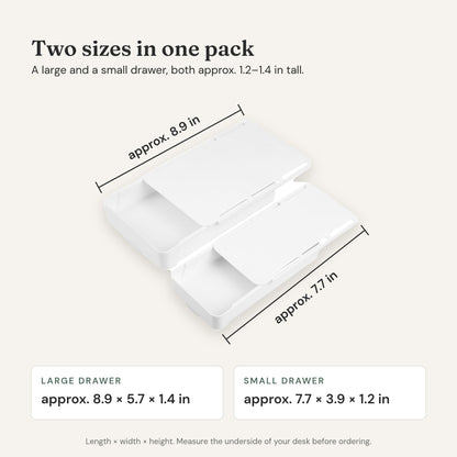 Dimensions: large drawer approx. 8.9 × 5.7 × 1.4 in, small approx. 7.7 × 3.9 × 1.2 in. Measure under your desk first.