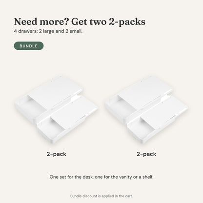 Two drawer 2-packs: four white under-desk drawers, two large and two small.