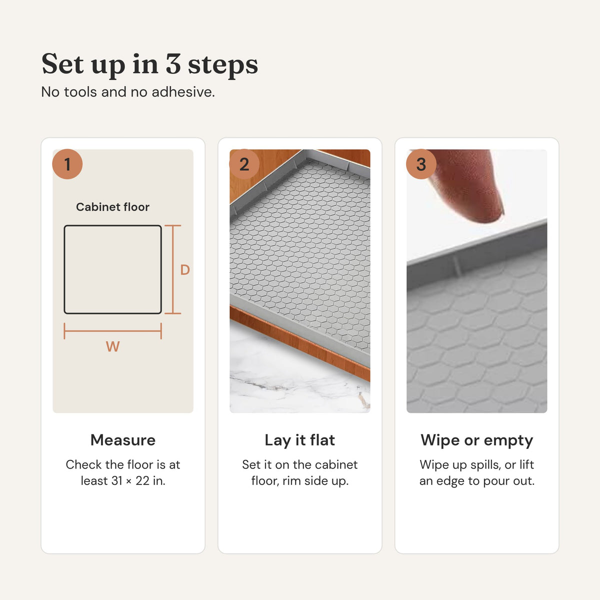 How it works: measure the cabinet floor, set the mat in rim side up, wipe spills or lift an edge to pour out.