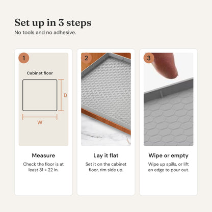 How it works: measure the cabinet floor, set the mat in rim side up, wipe spills or lift an edge to pour out.